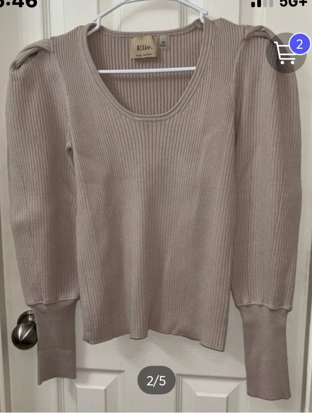 Elie Tahari Taupe Ribbed Scoop-Neck Puff-Sleeve Sweater
